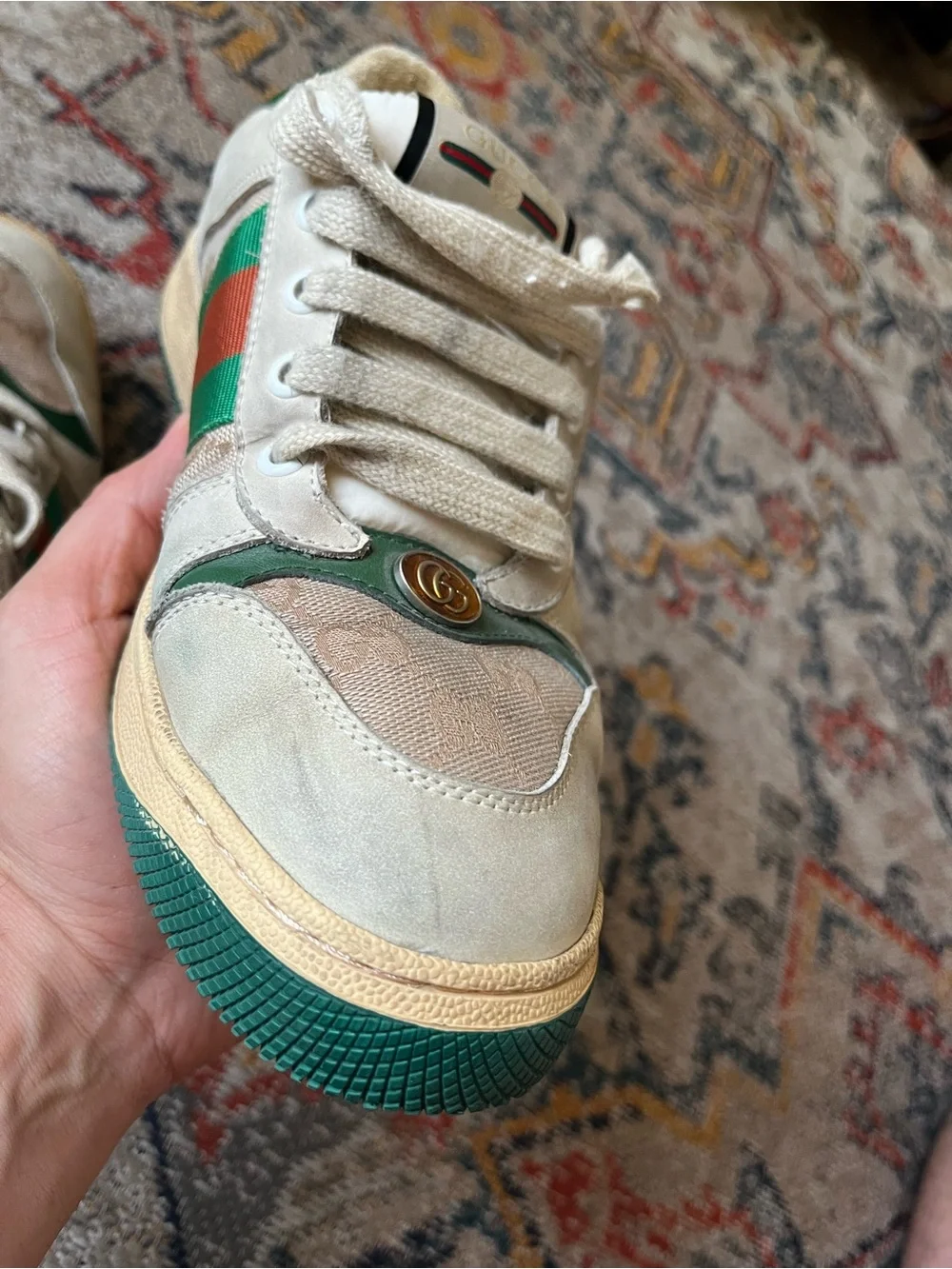 Gucci Cream and Green Leather Logo Sneakers Size 41 Sneakers GG Monogram